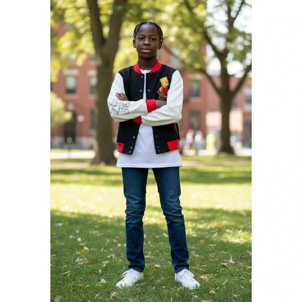 200 The Simpsons Bart Simpson Varsity Jacket Boy 10/12 Black Red White Bomber